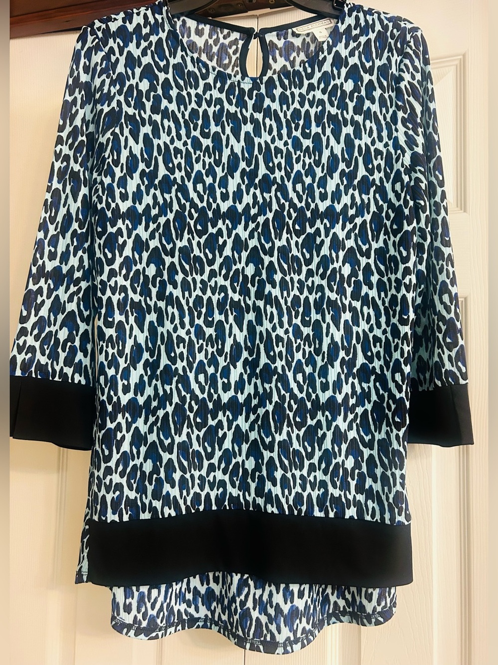 Dana Buchman Blue Leopard-Print Tunic Blouse with Black Bands